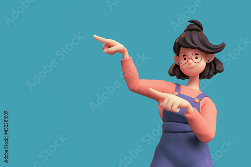 Portrait of smiling positive funny casual brunette girl in glasses wearing blue apron, red t-shirt showing you way, pointing her finger to empty copy space for advertising. Minimal style. 3d render