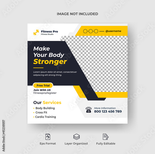 Fitness gym studio social media post or square flyer web banner template Premium Vector
