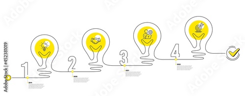 Business Infographic timeline with 4 steps. Lightbulb journey path infographics. Workflow process diagram with Idea, Deal handshake, Working employee and Goal target line icons. Vector