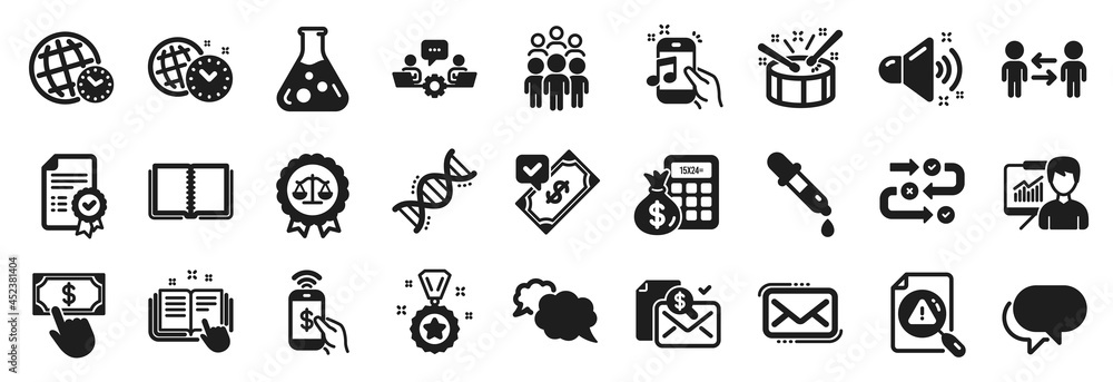 Set of Education icons, such as Accepted payment, Phone payment, Time management icons. Time zone, Chemistry dna, Messenger signs. Talk bubble, Teamwork, Finance calculator. Drums, Book. Vector