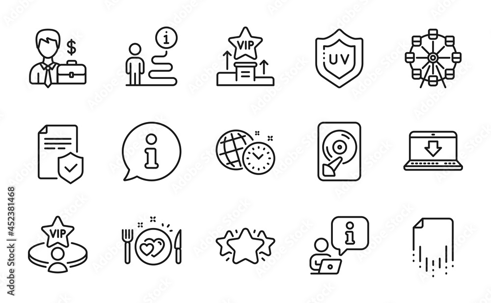 Business icons set. Included icon as Hdd, Recovery file, Businessman case signs. Internet downloading, Star, Vip podium symbols. Insurance policy, Romantic dinner, Vip table. Uv protection. Vector Business icons set. Included icon as Hdd, Recovery file, Businessman case signs. Internet downloading, Star, Vip podium symbols. Insurance policy, Romantic dinner, Vip table. Uv protection. Vector