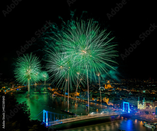 Landscape with fireworks at night in the sky of Budapest city - Hungary