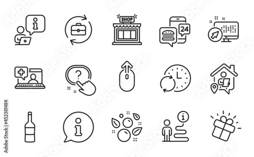 Business icons set. Included icon as Question button, Medical help, Gift signs. Swipe up, Wine, Shop symbols. Update time, Human resources, Web system. Work home, Clean bubbles, Food app. Vector
