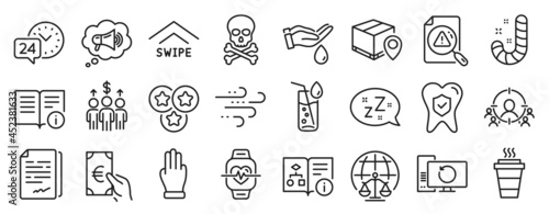 Set of Business icons, such as Parcel tracking, Megaphone, Magistrates court icons. Sleep, Finance, Three fingers signs. Windy weather, Technical info, Meeting. Business targeting, Candy. Vector