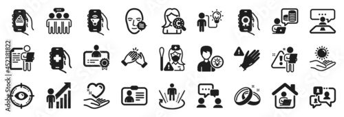 Set of People icons  such as Augmented reality  Business idea  Employee result icons. Health app  Music app  Interview job signs. Work home  Person idea  Id card. Wedding rings  Hold heart. Vector