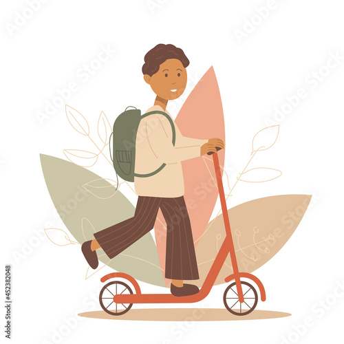 Back to school. A student riding a scooter to school. Flat vector illustration