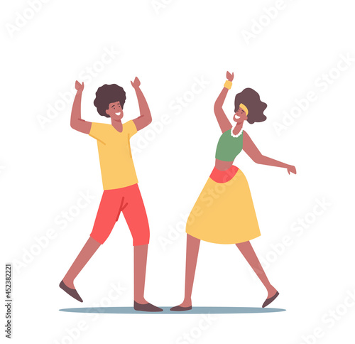 African Man and Woman in Traditional Jamaica Costumes Having Fun, Dancing during Reggae Party. Rastaman or Hipster