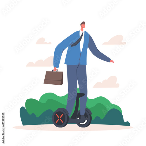 Young Businessman Character in Formal Wear Riding at Work on Hoverboard at Summertime Park. Man Use Electric Transport