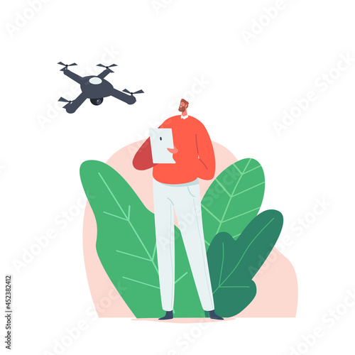 Young Man Watching and Navigating Flying Drone in Sky. Male Character Hold Tablet Pc with Remote Controller App