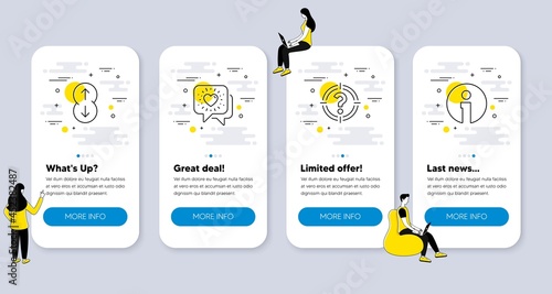 Set of Business icons, such as Friends chat, Headhunter, Scroll down icons. UI phone app screens with people. Info line symbols. Friendship, Aim with question mark, Swipe arrow. Information. Vector