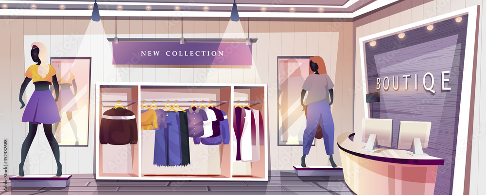 Boutique shop landing page. Clothing store interior with wardrobes with  hanging stylish clothes and mannequins in showcase. Shopping and retail web banner  background. Cartoon vector illustration. Stock Vector | Adobe Stock
