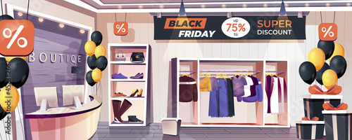 Black Friday shop landing page. Clothing and footwear store interior web banner background. Seasonal sale in boutique. Super discount and best offer at low prices. Cartoon vector illustration.