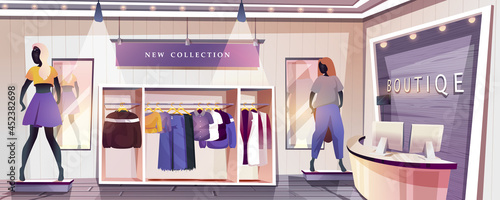 Boutique shop landing page. Clothing store interior with wardrobes with hanging stylish clothes and mannequins in showcase. Shopping and retail web banner background. Cartoon vector illustration.