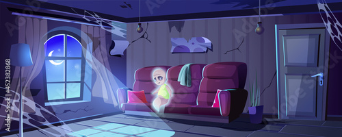 Halloween landing page. Ghost in abandoned old house. Ruined room interior with cobwebs, messy furniture and moonlit window. Spooky scene for holiday web banner background. Cartoon vector illustration