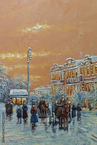Oil paintings landscape, old city, street in winter. Fine art © yaroslavartist