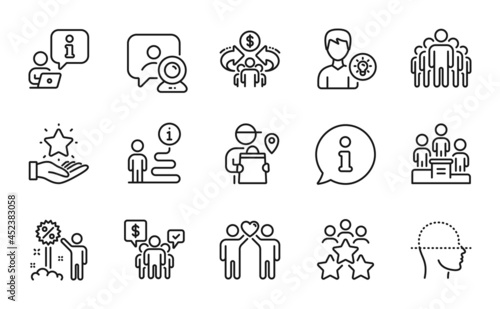 People icons set. Included icon as Delivery man, Business podium, Business meeting signs. Loyalty program, Person idea, Friends couple symbols. Discount, Video conference, Teamwork. Group. Vector