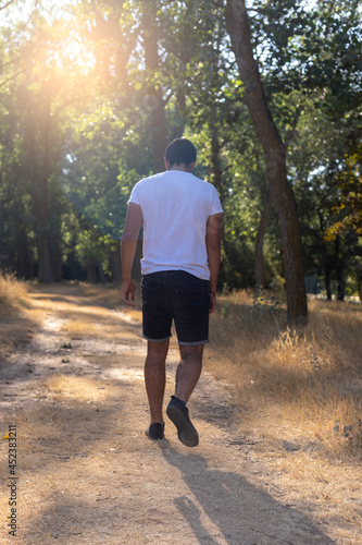 young boy with his back turned in shorts walking along a forest trail surrounded by trees on a sunny day