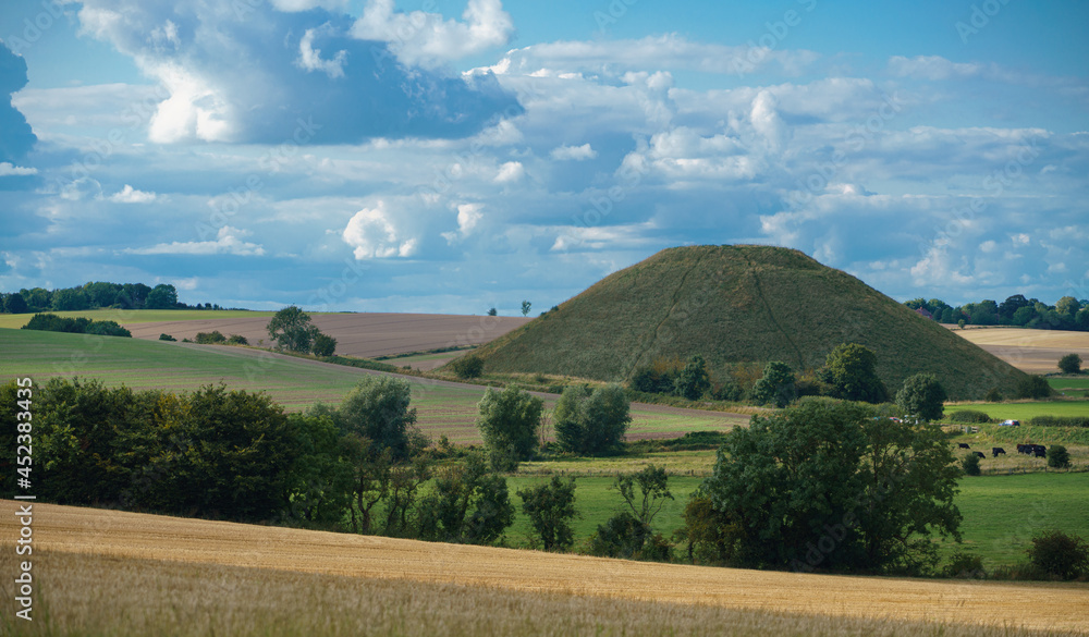 view of Silbury Hill (prehistoric artificial chalk mound) Avebury Wiltshire UK, a UNESCO World Heritage Site