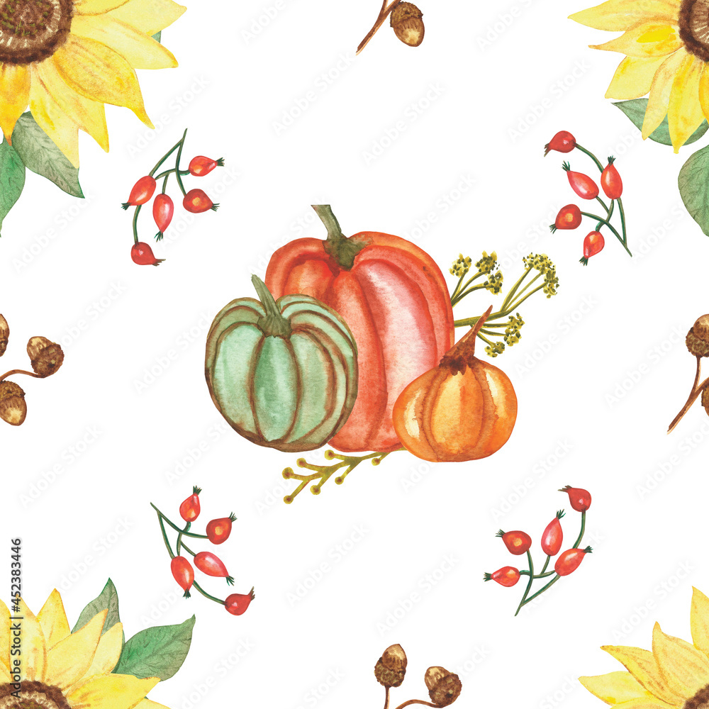 Watercolor hand painted nature autumn plants seamless pattern with red, orange and green pumpkins, yellow sunflower, acorn and red rosehip berries isolated on the white background for print design