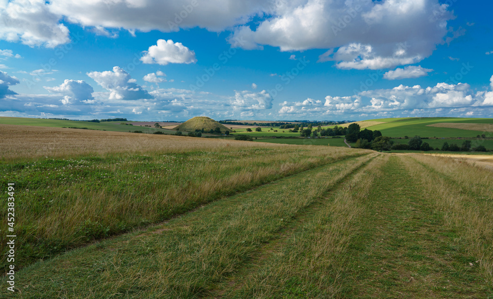 view across open farmland meadows and fields towards a small tump, Wiltshire UK