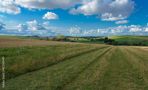 view across open farmland meadows and fields towards a small tump  Wiltshire UK