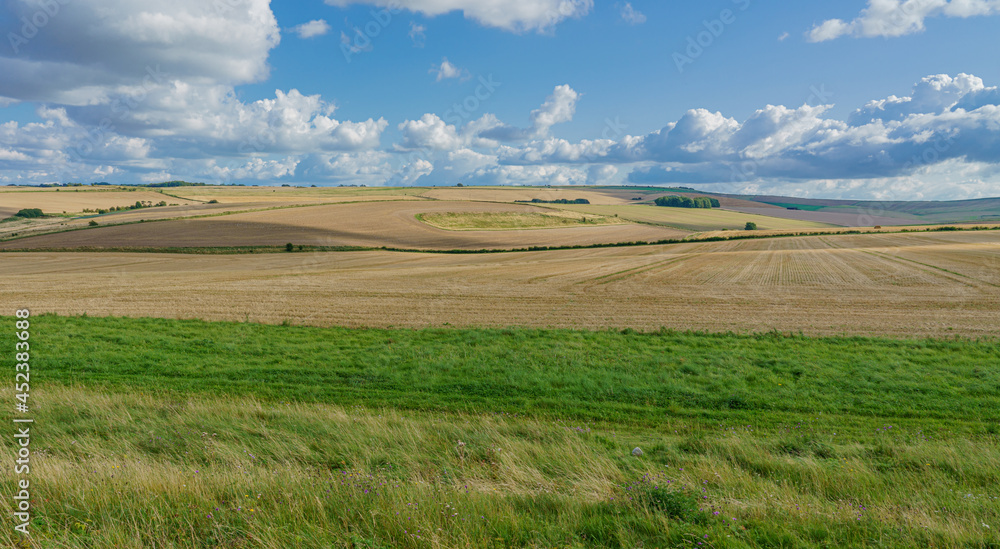A scenic view across open fields and meadows near Avebury, Wiltshire UK