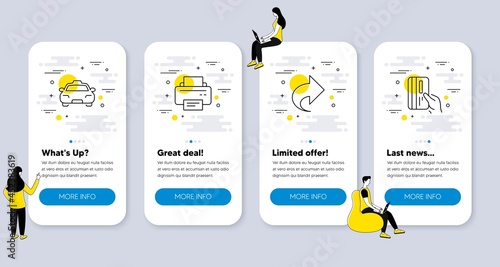 Set of line icons, such as Printer, Share, Taxi icons. UI phone app screens with people. Payment card line symbols. Printing device, Link, Passengers transport. Credit card. Phone UI banners. Vector