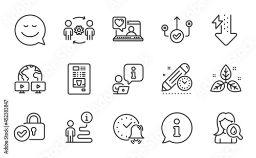 Fototapeta Naklejka Na Ścianę i Meble -  Business icons set. Included icon as Video conference, Project deadline, Alarm bell signs. Engineering team, Smile, Coffee vending symbols. Energy drops, Moisturizing cream, Fair trade. Vector