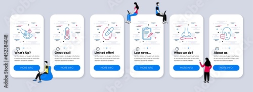Medical icons set. UI phone app screens with teamwork. Included icon as Vaccine report, Thermometer, Dont touch signs. Nasal test, Eye drops, Face accepted line icons. Vector