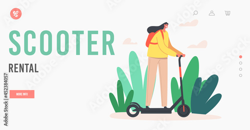 Scooter Rental Landing Page Template. Happy Young Woman Character Driving Electric Scooter in City Park at Summer Day