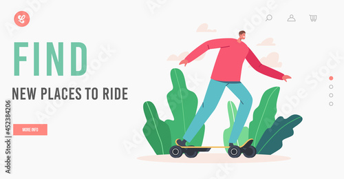 Ecologic Transport in Megapolis Landing Page Template. Young Man Riding Electric Skateboard on City Park Background