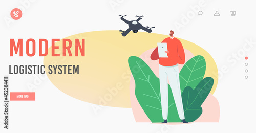 Modern Logistic System Landing Page Template. Young Man Navigating Drone. Male Character Hold Tablet Pc with Controller