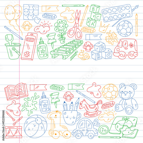 Children play with toys in the kindergarten. Kids playground. Education, creativity, imagination.