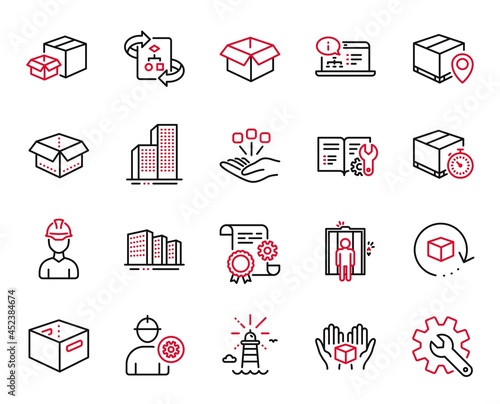 Vector Set of Industrial icons related to Technical algorithm, Open box and Consolidation icons. Packing boxes, Online documentation and Delivery timer signs. Opened box, Buildings. Vector