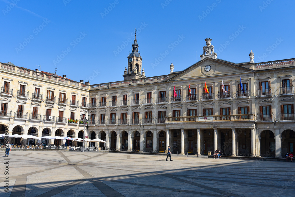 Fototapeta premium Vitoria-Gasteiz, Spain - 20 August 2021: Plaza de Espana (or Plaza Nueva), in the old town of Vitoria Gasteiz, Basque Country, Spain