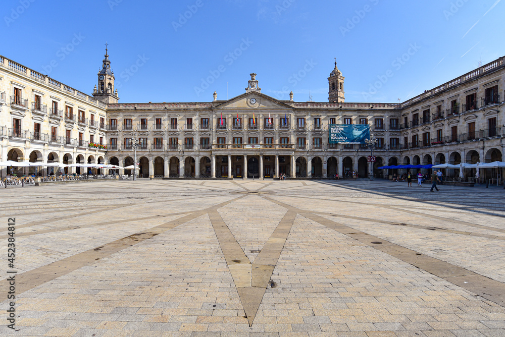 Vitoria-Gasteiz, Spain - 20 August 2021: Plaza de Espana (or Plaza Nueva), in the old town of Vitoria Gasteiz, Basque Country, Spain