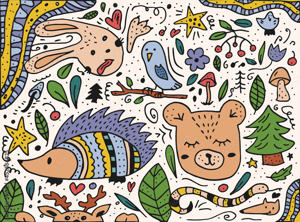 Fototapeta premium Doodle style hand drawn. Nature, animals and elements. Vector illustration. Forest dwellers. Colorful illustration.