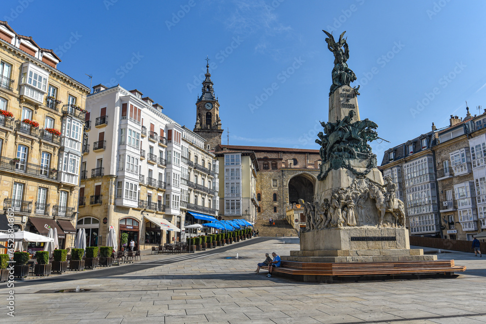 Vitoria-Gasteiz, Spain - 20 August, 2021: Monument to the Battle of Vitoria and Plaza de la Virgen Blanca