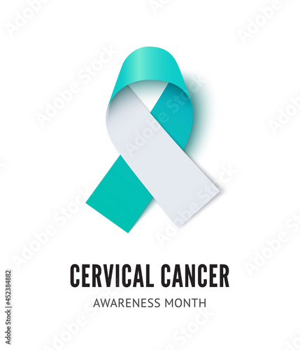 Cervical cancer awareness ribbon vector. Realistic white and teal ribbon