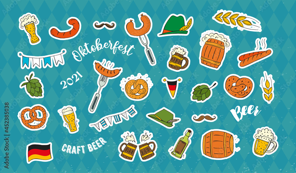 Oktoberfest 2021 - Beer Festival. Hand-drawn Doodle Elements. German Traditional holiday. Octoberfest, Craft Beer. Blue-white rhombus. Set of colorful elements.