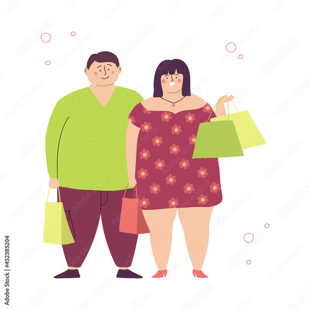 Happy plus size woman and man are doing shopping. Smiling overweight couple holding packages. Body positive young people. Vector hand drawn flat illustration