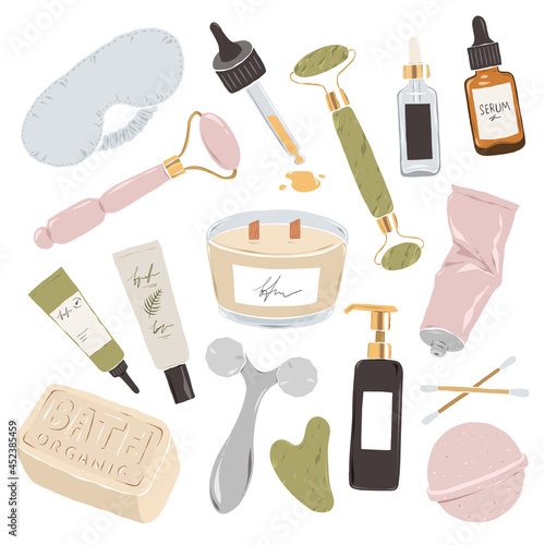 Skin care tools and beauty treatments, jade and quartz massage rollers, silk sleeping mask, face serum pipette, scented wax candle, self care at home,vector illustration