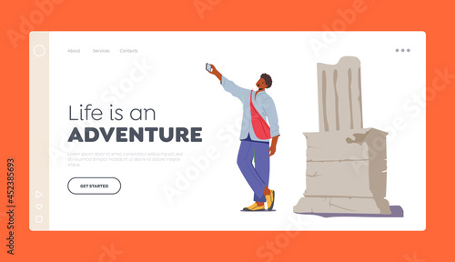 Tourist Excursion, Journey Landing Page Template. Young Man with Backpack Making Selfie on Smartphone on Ancient Ruins