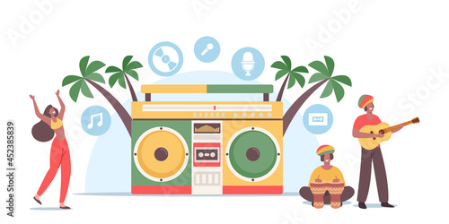 Reggae Party, Music Festival Concept. Tiny Rasta Male Female Characters in Jamaica Costumes Dance and Playing Ukulele