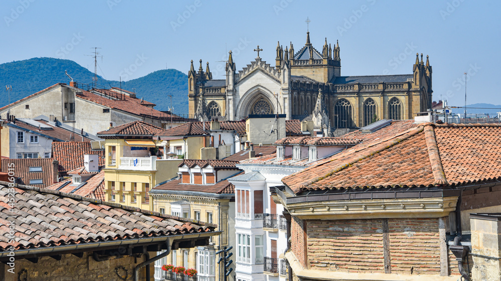 Vitoria Gasteiz, Spain - 21 Aug, 2021: Views of the Cathedral of Santa Maria and the city of Vitoria