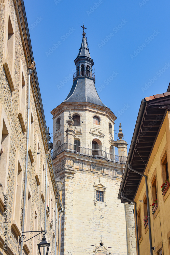 Vitoria-Gasteiz, Spain - 21 Aug, 2021: The tower of Santa Maria Cathedral in old town Vitoria Gasteiz