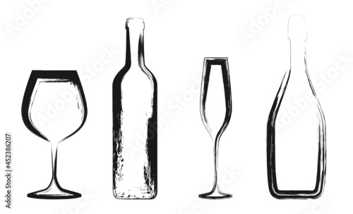 Grunge wine and champagne glasses and bottles icons isolated on a white background.