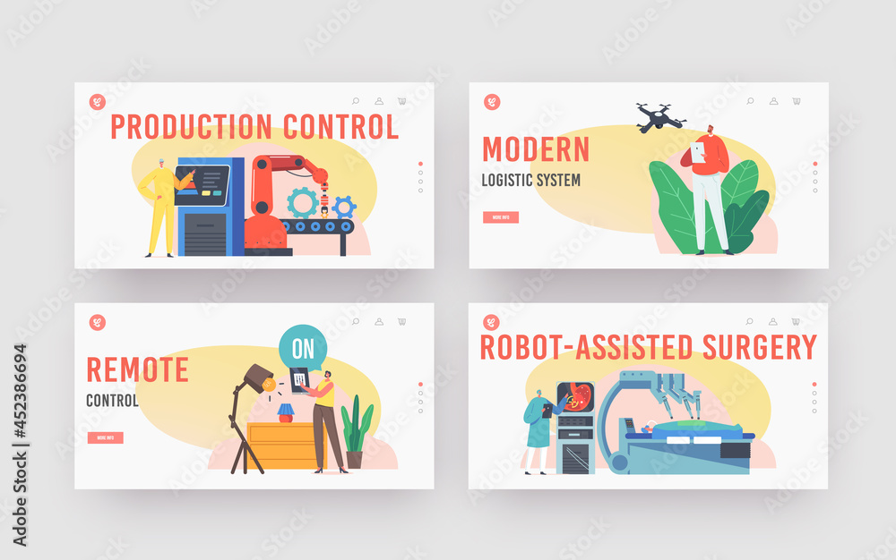Characters Use Remote Control Landing Page Template Set. Doctor Conduct Patient Operation with Medical Robot Arms