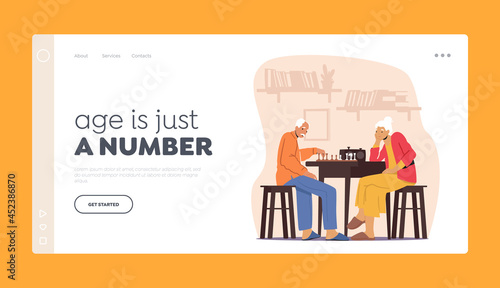 Retired People Leisure Landing Page Template. Senior Couple Playing Chess in Nursing Home. Thoughtful Pensioners Game