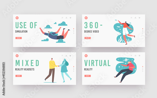 Characters Use Vr Glasses for Virtual and Augmented Reality Experience Landing Page Template Set. Men Women in Goggles